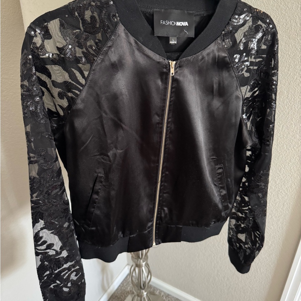 Fashion Nova Black Lace Bomber Jacket